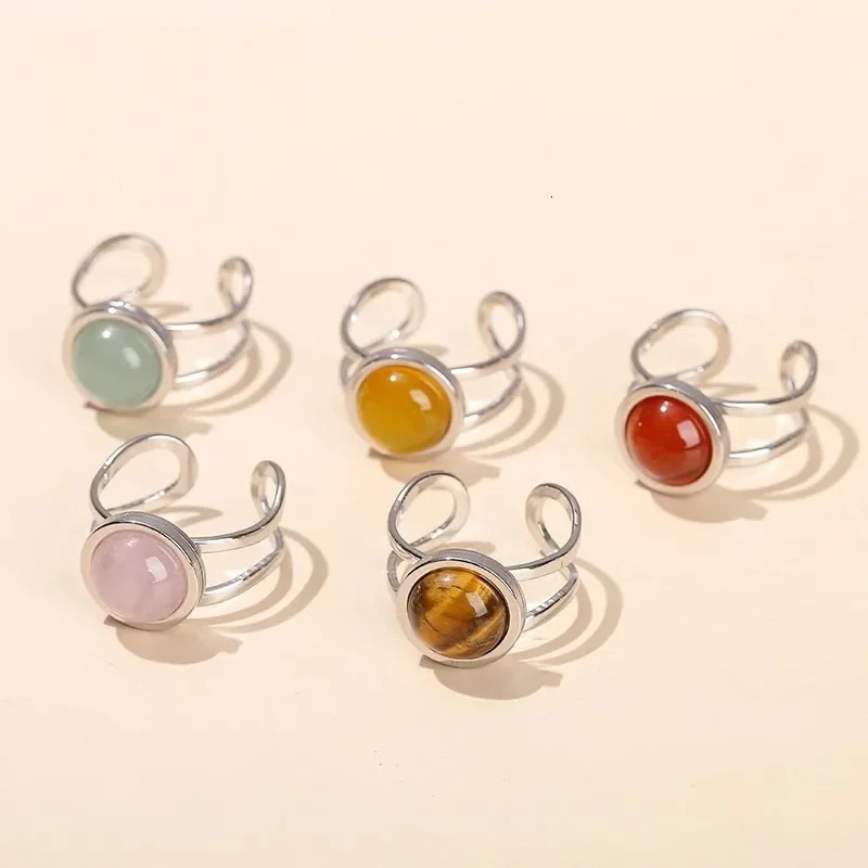 10mm Healing Natural Stone Stainless Steel Open Ring Rose Quartz Green Aventurine Adjustable Crystal Jewelry 241010