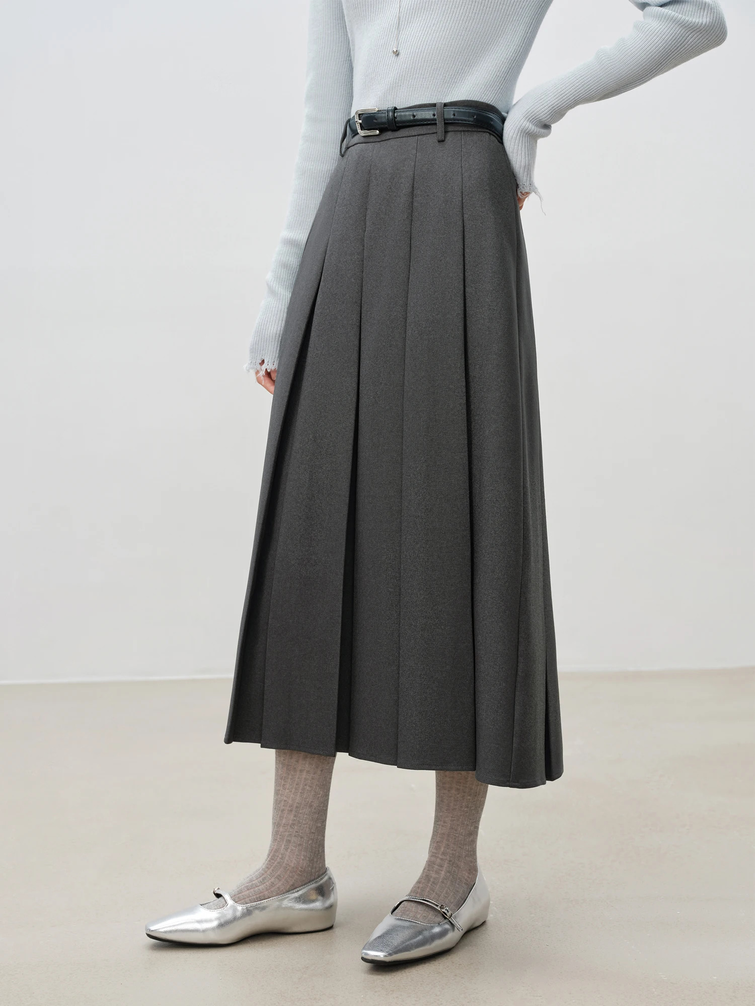 ZIQIAO Women Long Skirts College Style Female Winter Grey Pleated n ALINE Skirt Side Zipper Waist Suit 24ZQ94190 241019