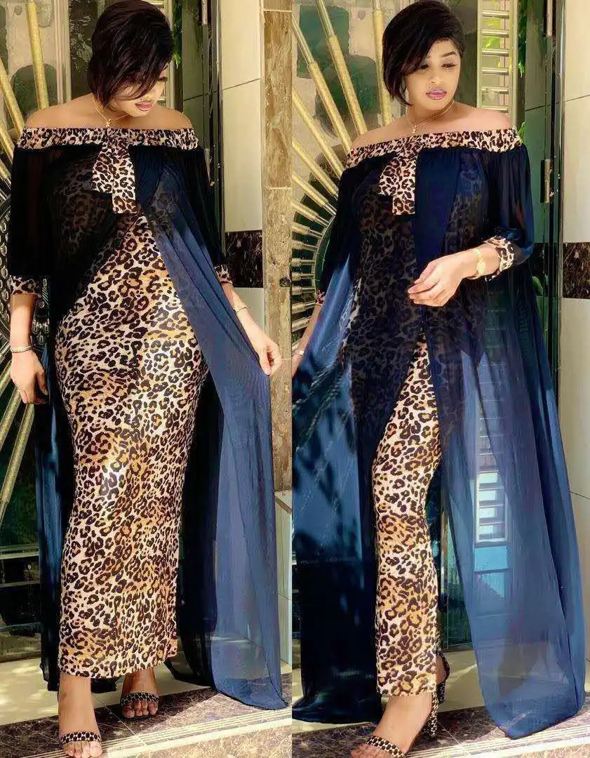Autumn Sexy Leopard Printed Dashiki African Dresses for Women Party Half Sleeve Slanted Neck Womens Robe 241017