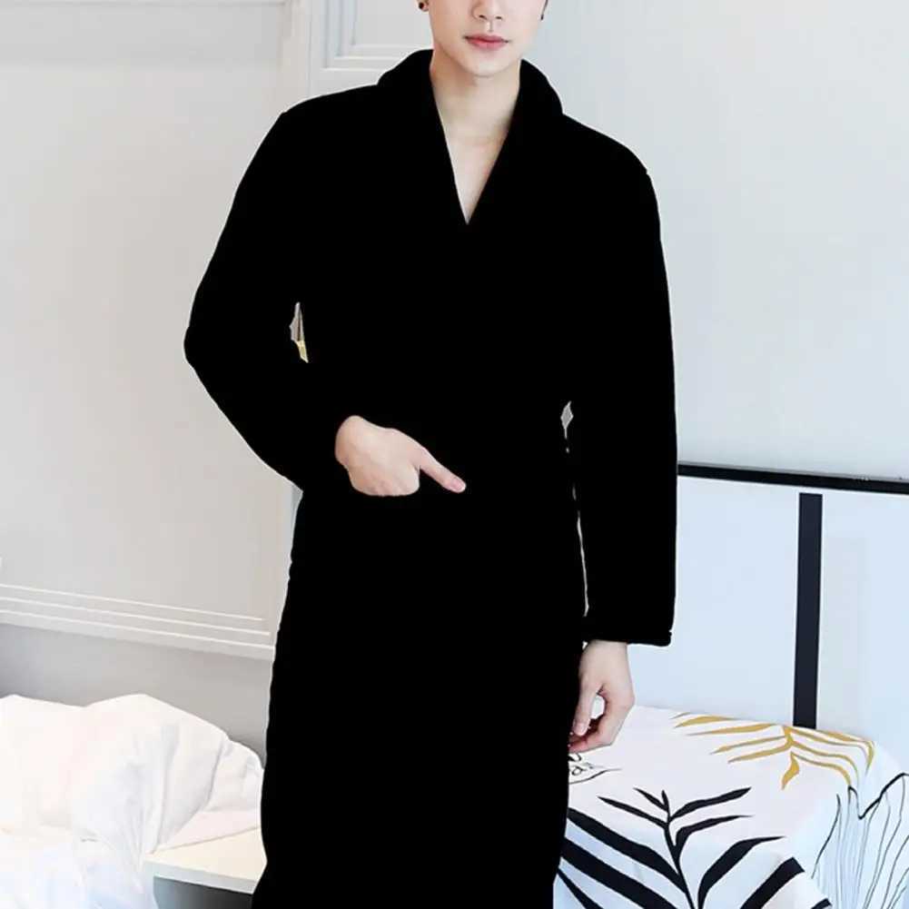 Couple Bathrobe Coral Fleece Open Stitch Solid Color Thicken Tight Waist Bathing Belt Unisex Pockets Winter Bathrobe for BedroomXJ241018