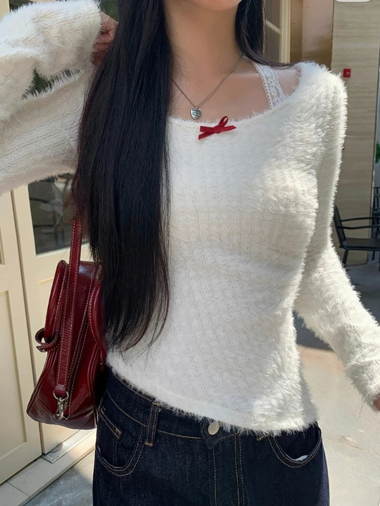 HOUZHOU Kawaii Coquette Sexy Knitted Pullovers Women Korean Style Y2k Aesthetic Lace Patchwork Solid Slim Sweater 2024 241010