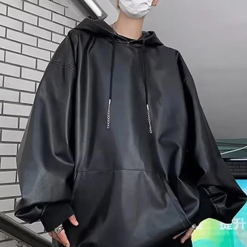 Black Pu Leather Hoodie for Men Spring and Fall Hooded High Street Loose Casual Tshirt Hip Hop Fashion 241019