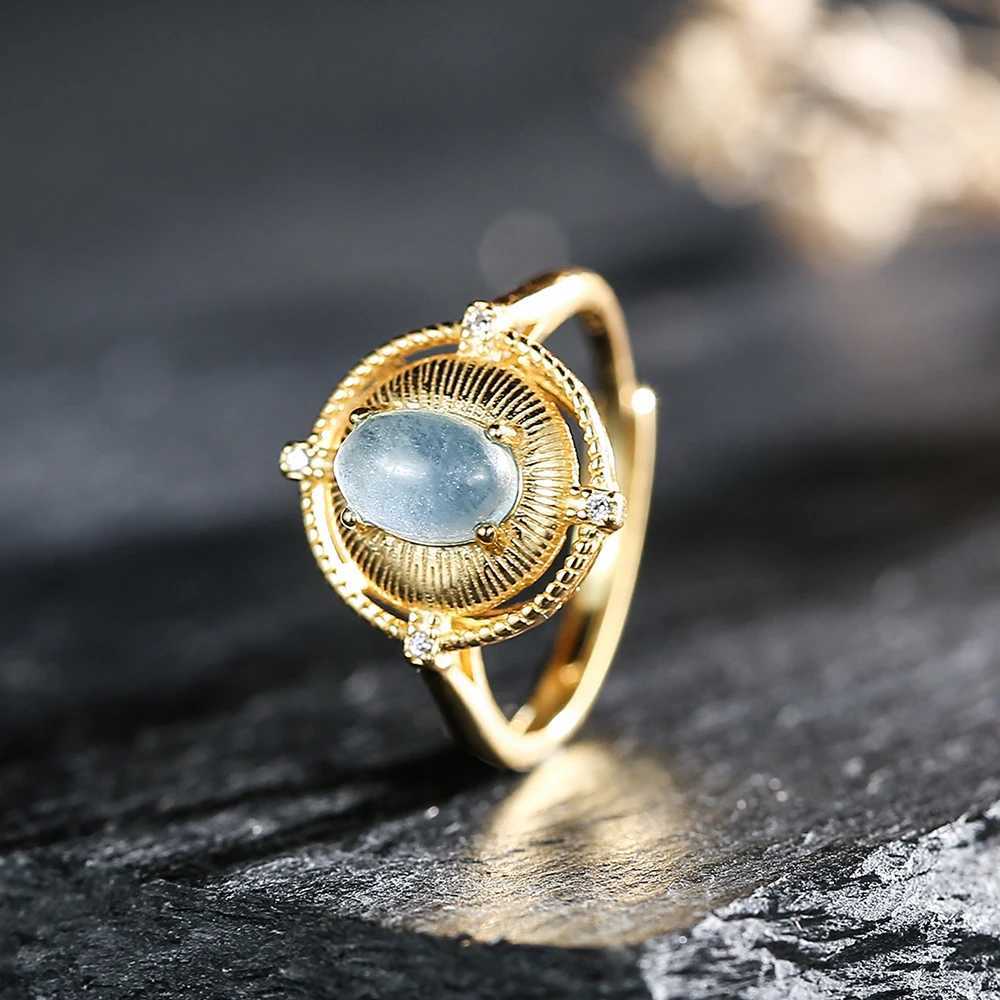 New 18k gold-plated S925 sterling silver womens ring paired with aquamarine wedding jewelry adjustable size Y241019