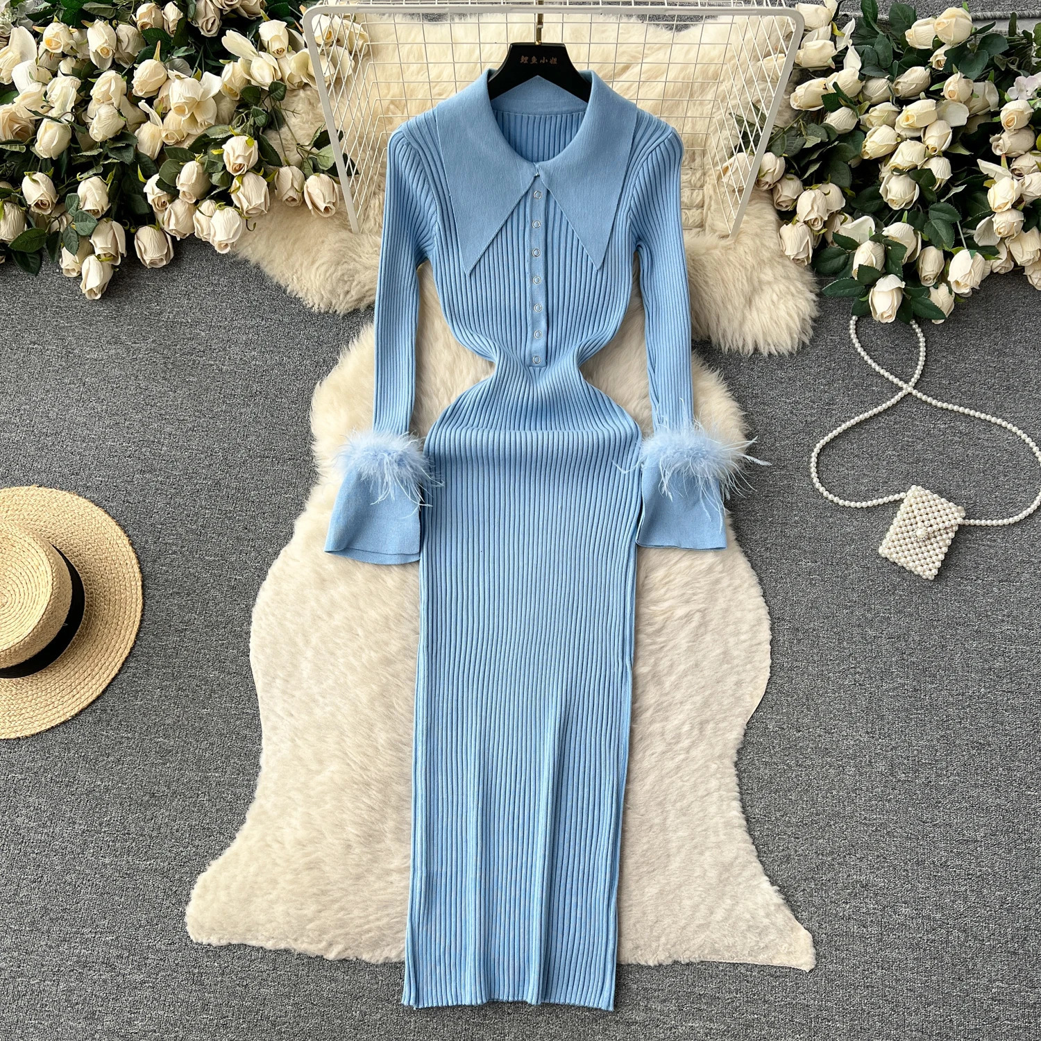 YuooMuoo Women Dress Autumn Winter Elegant Fur Long Sleeve Knitted Sweater Dress Chic Lady Wrap Hips Bodycon Long Vestidos 241010