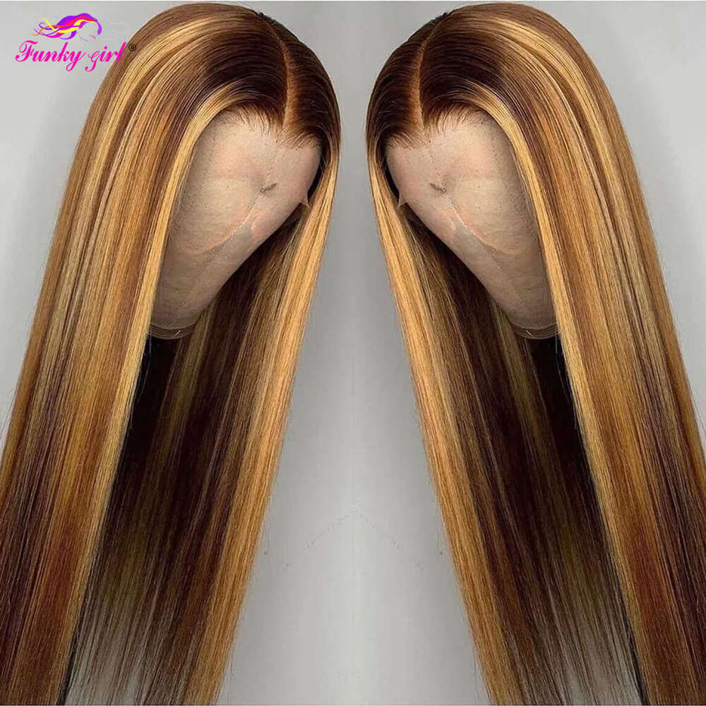 Straight Lace Front Human Hair Ombre Brown Highlight Honey Blonde Color 4/27 Wig 13x6 Transparent Closure 180 Density Wigs