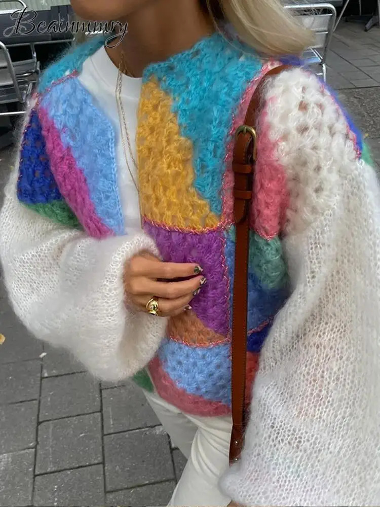 Sleeve Patchwork Female Sweaters Elegant Casual Lady Top Hollow Out Colorful Kint Cardigan Women Sweater Autumn Long Puff 241009