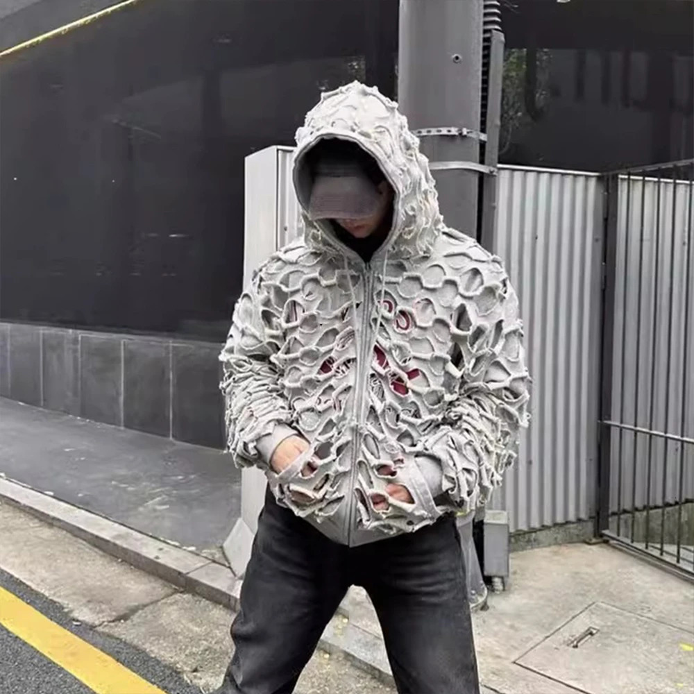 NIGO Mens Spring And Autumn Cotton Reversible Loose Destroyed Hollow Solid Color Hooded Sweater Jacket Ngvp #nigo8848 241019
