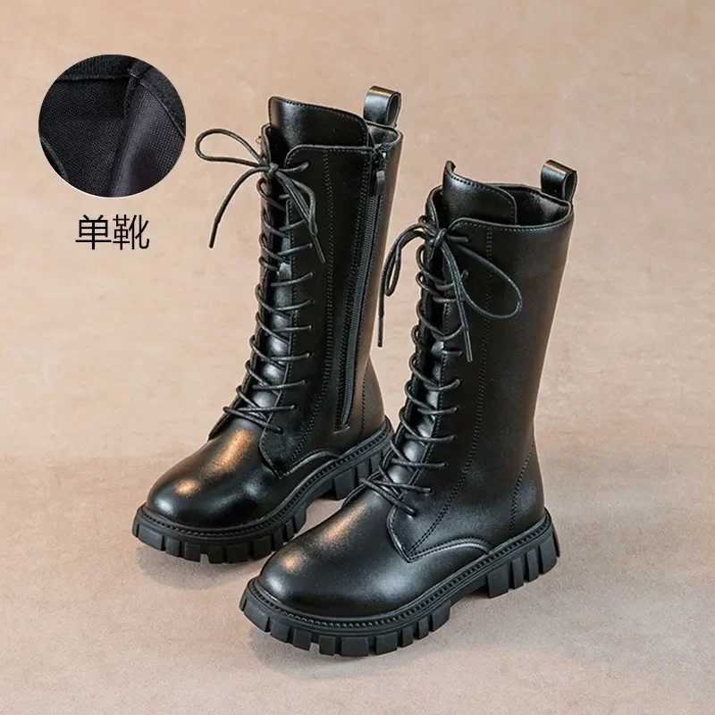 Girls Boots Autumn Winter British Sle Lace Up Long Boots Solid Color Princess Leather Boots Plus Velvet Kids Knight BootXJ241206