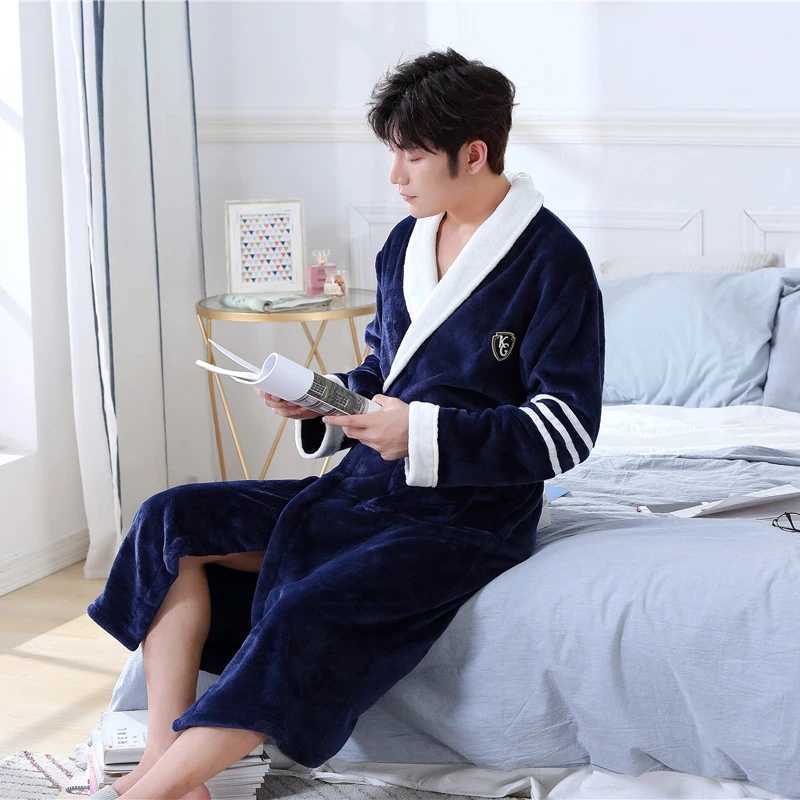 Solid Colour Intimate Lingerie Warm Full Sleeve Negligee V-neck Home Dressing Gown Male Kimono Bathrobe Gown NightwearXJ241018