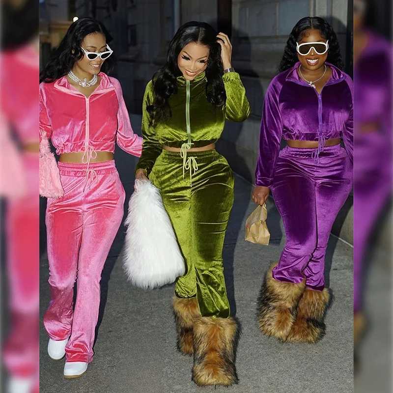 Women's Two Piece Pants Fashion Women 2 Piece Velvet Tracksuits Sets Zipper Drawstring Sweatshirts High Waist Straight Sweatpants Two Piece Outfi