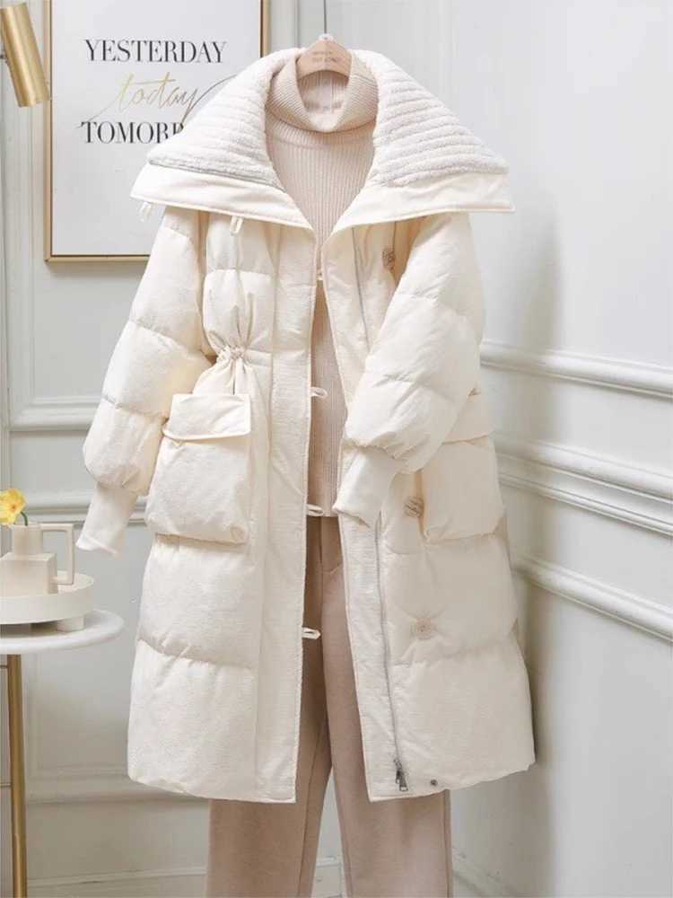 Winter Down Cotton Mid-length Jackets Coats Lapel New Elastic Waist Abrigo Korea Casual Chaqueta Tops Elegant Women Warm CasacoX241019