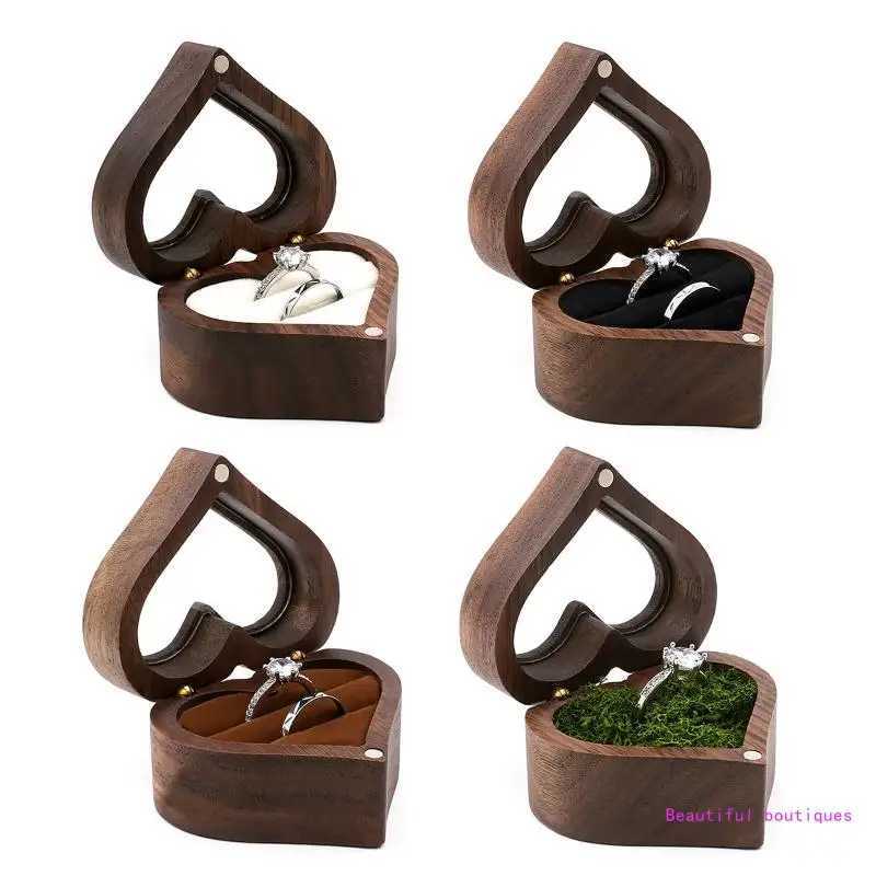 Wedding Love Ring Box Walnut Pair Ring Storage Packaging Gift Box Heart shaped Wooden Box Earrings Jewelry Box W241019