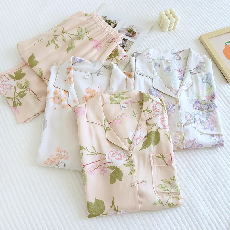 Spring/Summer Womens Pajama Set Gongsatin Cotton Womens Pajama Silk Adhesive Fiber Silk Smooth High end Home 2-piece Set 241009