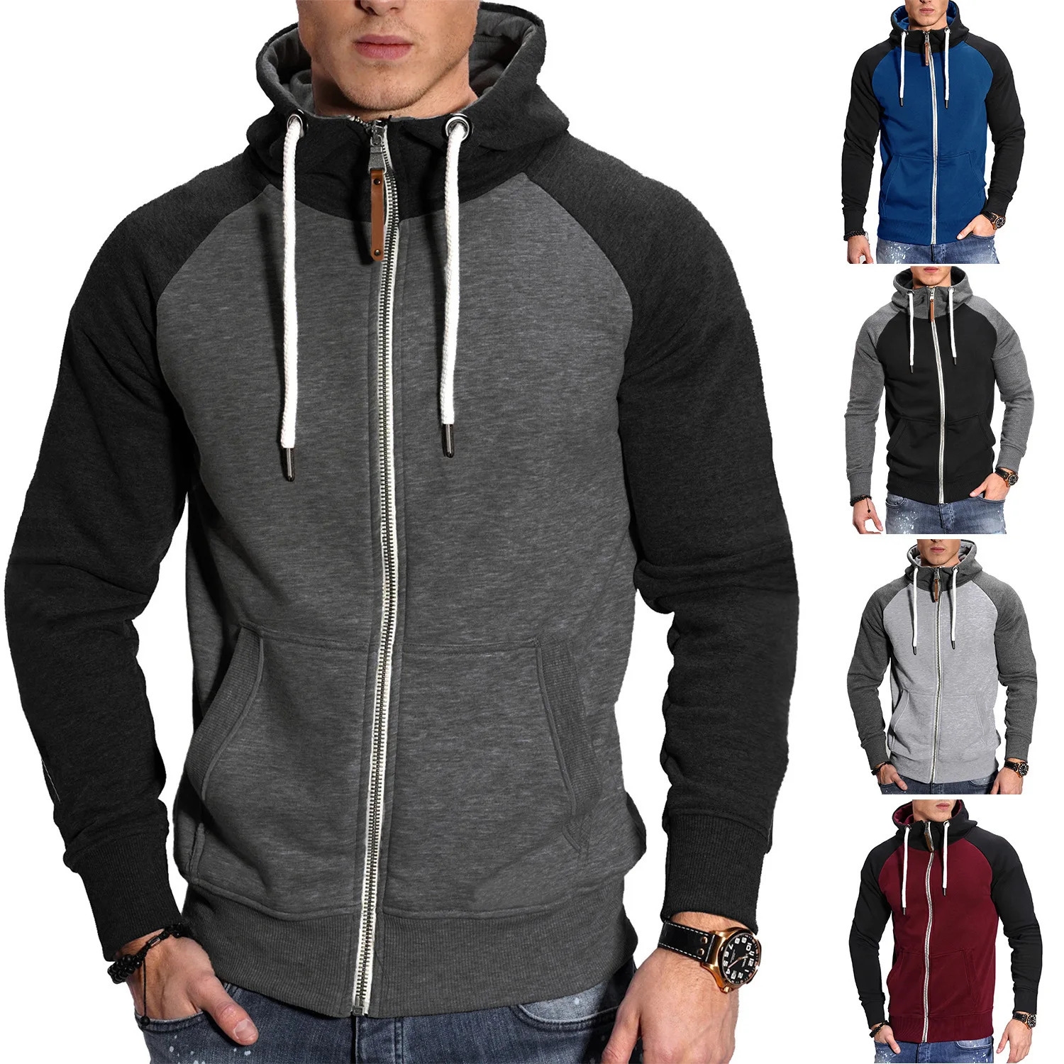 highquality mens zipper automatic long sleeved hooded casual clothing solid color sportswear 241010