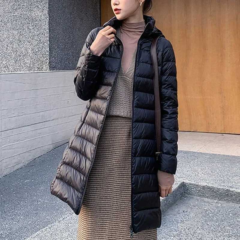 Winter Women Slim Down Coats Remove Hooded Parka Solid Color Female Long Light Thin Outerwear Lady Fashion Warm Puffer JacketsX241019