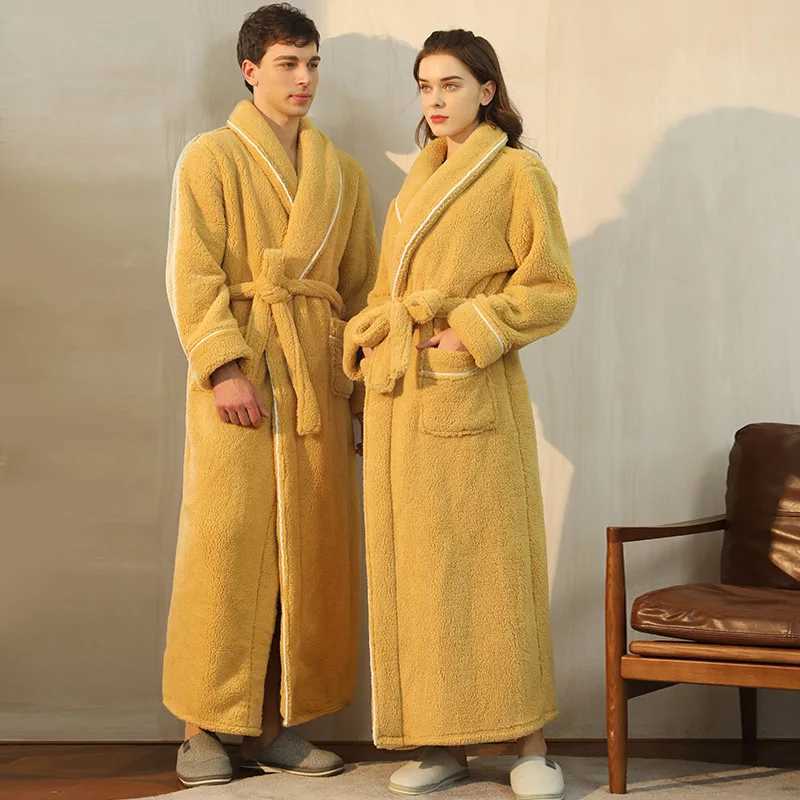 Women Winter Extra Long Warm Flannel Bathrobe Plus Size Thick Coral Fleece Bath Robe Lovers Spa Dressing Gown Men Cozy SleepwearXJ241018