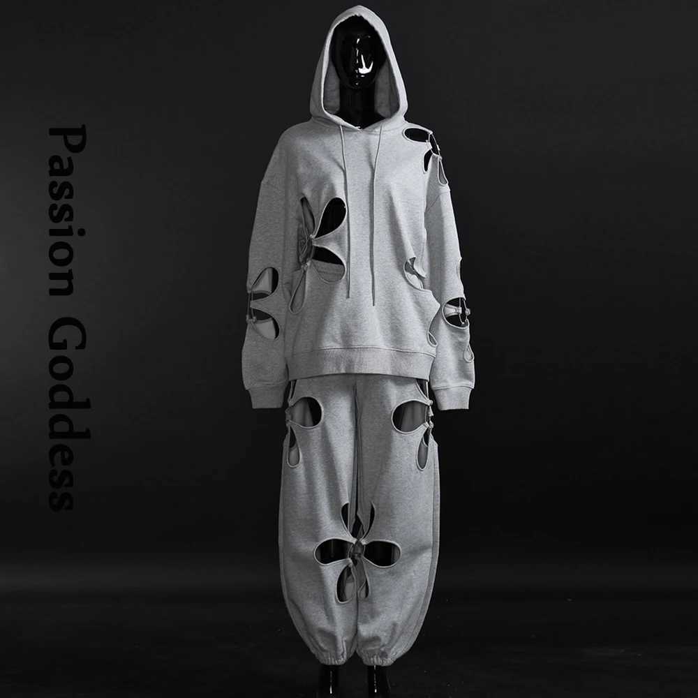Women's Two Piece Pants Women 2 Piece Tracksuits Petal Cutout Sweatsets Hoodies Sweatshirts Drawstring Sweatpants Flower Hollow Out Two Piece Out