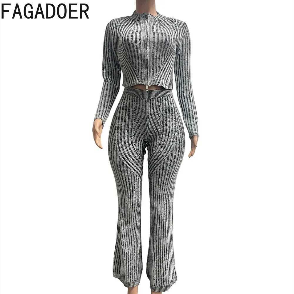 Women's Two Piece Pants FAGADOER autumn new knitted casual 2-piece set womens solid zipper ultra-thin crop top and Flare pants set womens clothin