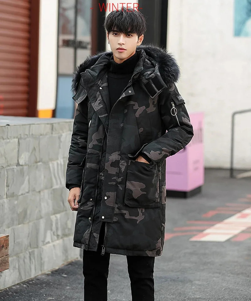 Mens down jacket thick coat warm coat white duck coat raccoon fur coat winter long coat outerwear 241018