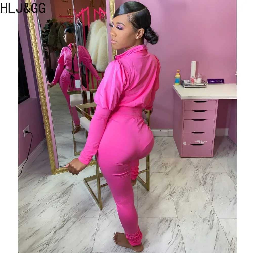 Women's Two Piece Pants HLJ GG casual brushed sports two-piece set womens zipper long Slve crop top and pants track and field clothing womens two