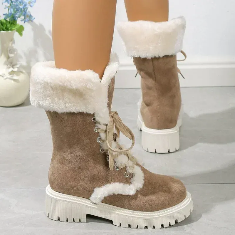Thicken Plush Snow For Women Winter Faux Fur Platform Ankle Boots Woman Mid-Calf Lace-Up Womens Boots Thickened Cotton Shoes