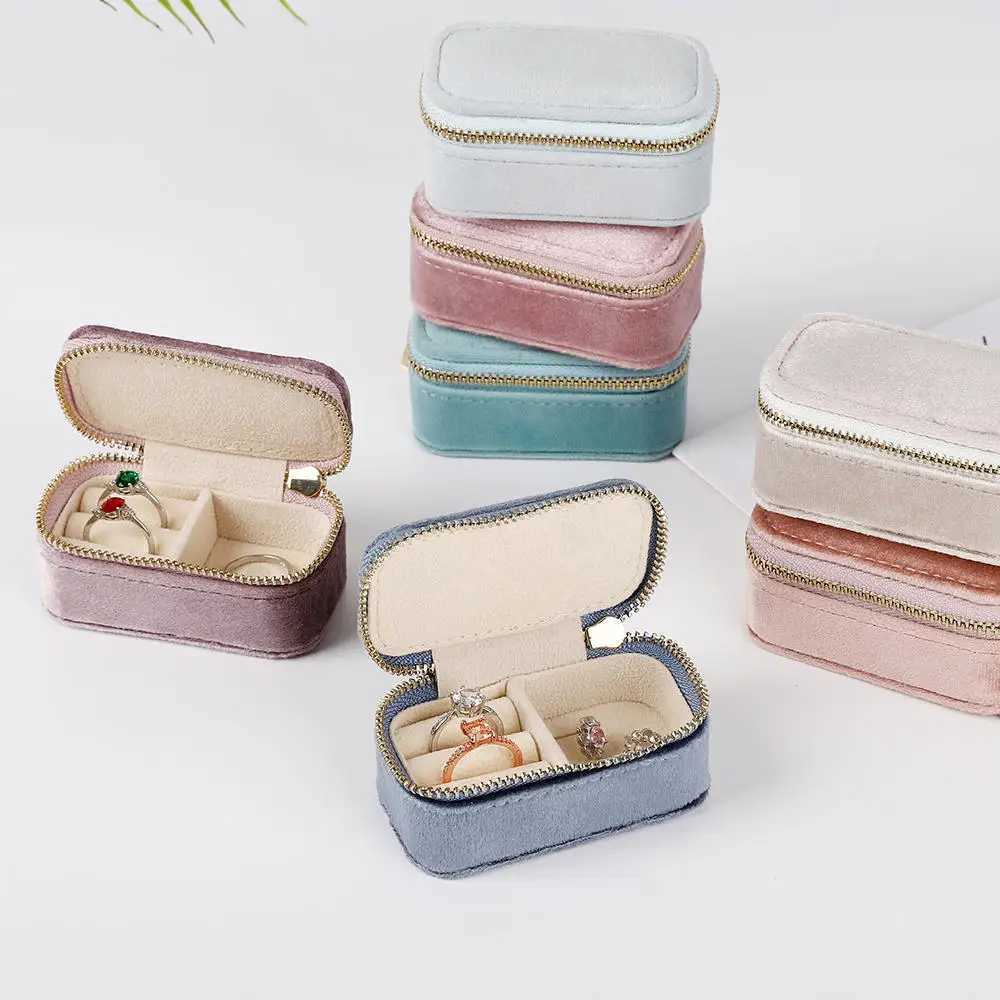 New mini round velvet jewelry box for travel earrings necklaces storage rings zippers portable jewelry managers Joyero boxes W241019