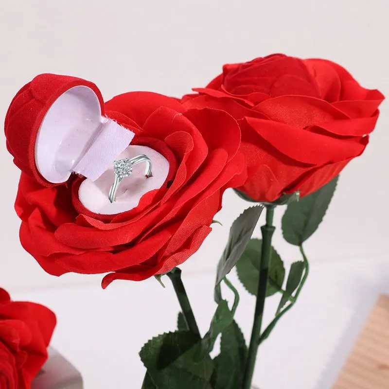 Romantic Rose Ring Box Red Velvet Rose Earrings Display Stand Gift Box Bridal Engagement Jewelry Storage Box W241019