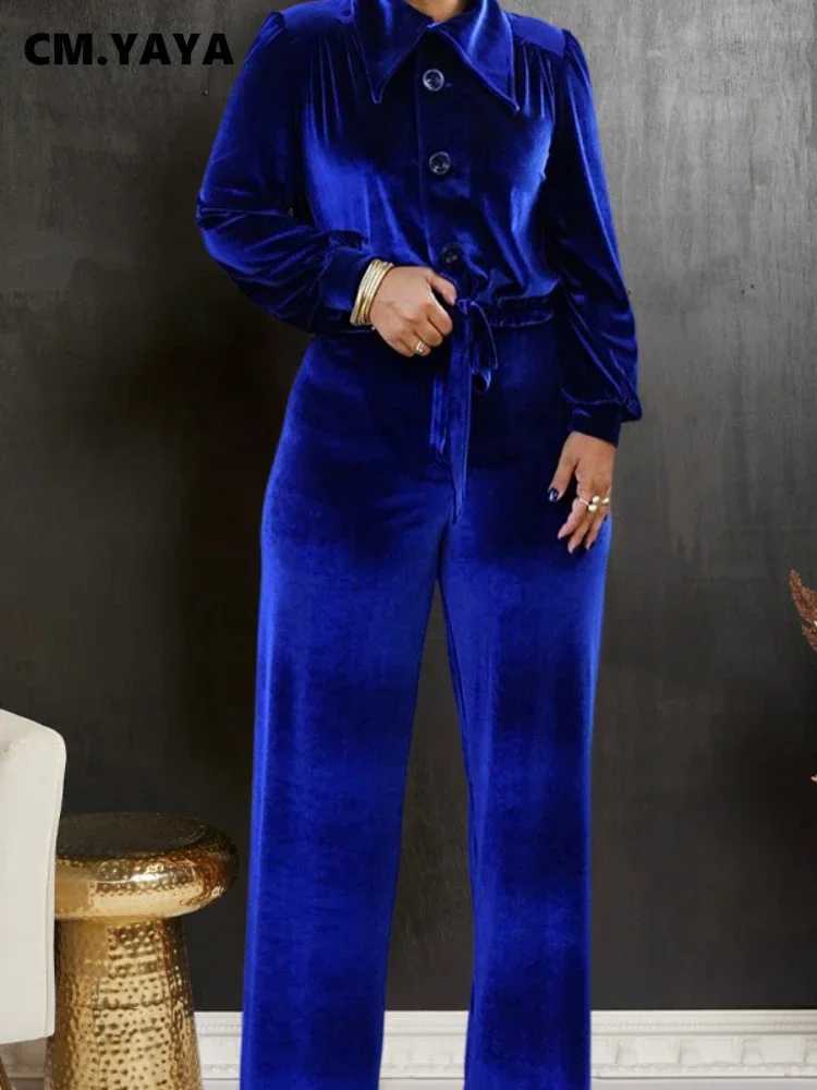 Women's Two Piece Pants CM.YAYA Velvet Womens Set Long Sleve Brushed Hem Shirt Jacket and Wide Leg Pants 2023 INS Two Piece Set Y24101929US