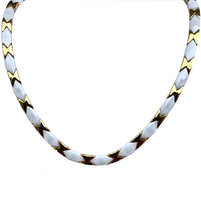 Luxury gold stainless steel and white ceramic therapeutic magnetic necklace suitable for womens birthday party jewelry necklace 241018