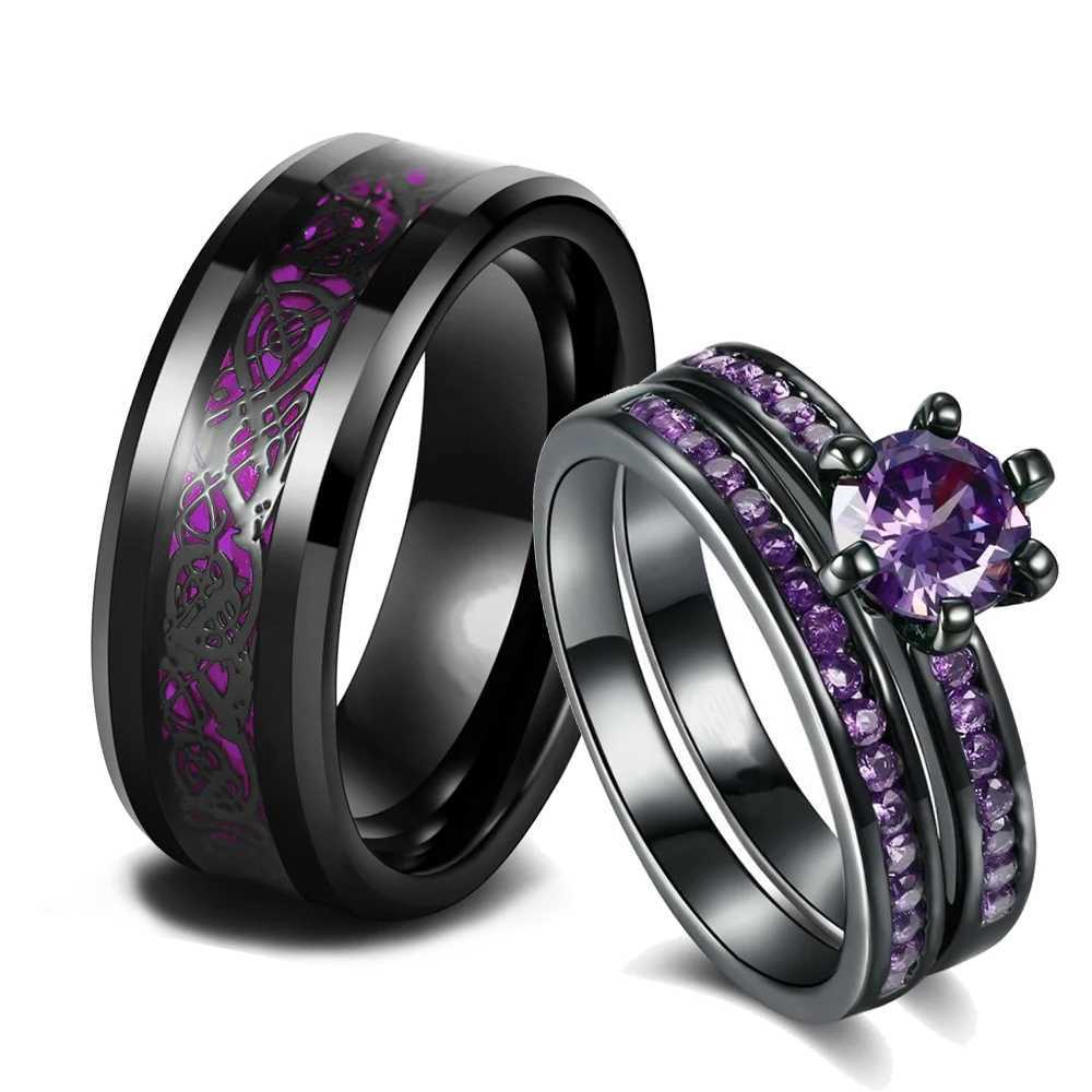 Charming Couple Ring Romantic Purple Rhinestone Womens Ring Set Fashion Mens Stainless Steel Celtic Dragon Ring Fashion Jewelry Y241019