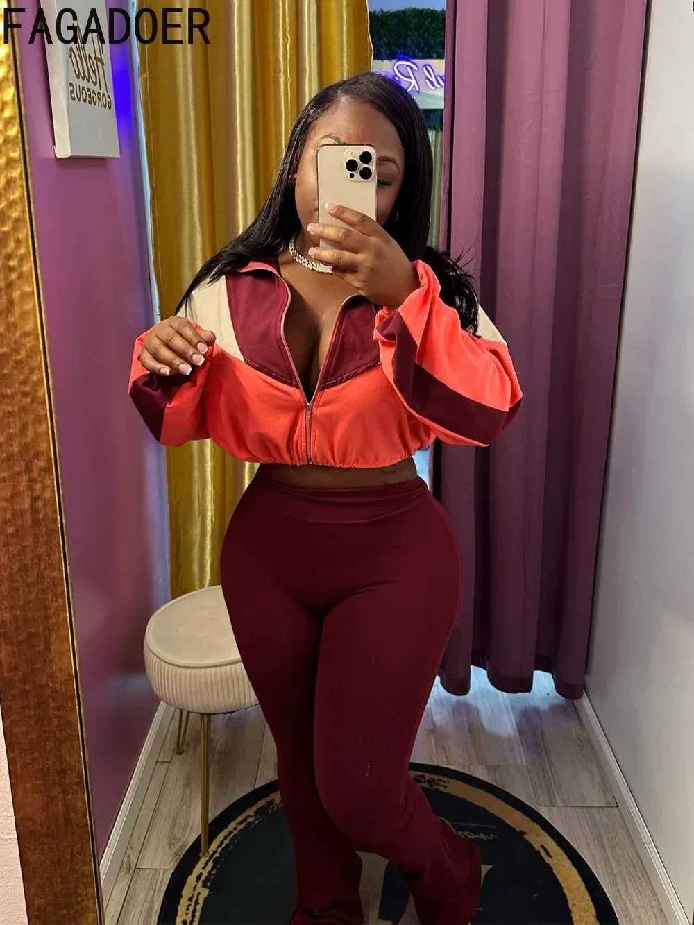 Women's Two Piece Pants FAGADOER Color Block Strt 2 Piece Set Outfit Casual Zip Drawstring Crop Top + High Waist Flare Pants Suit Autumn New Acti