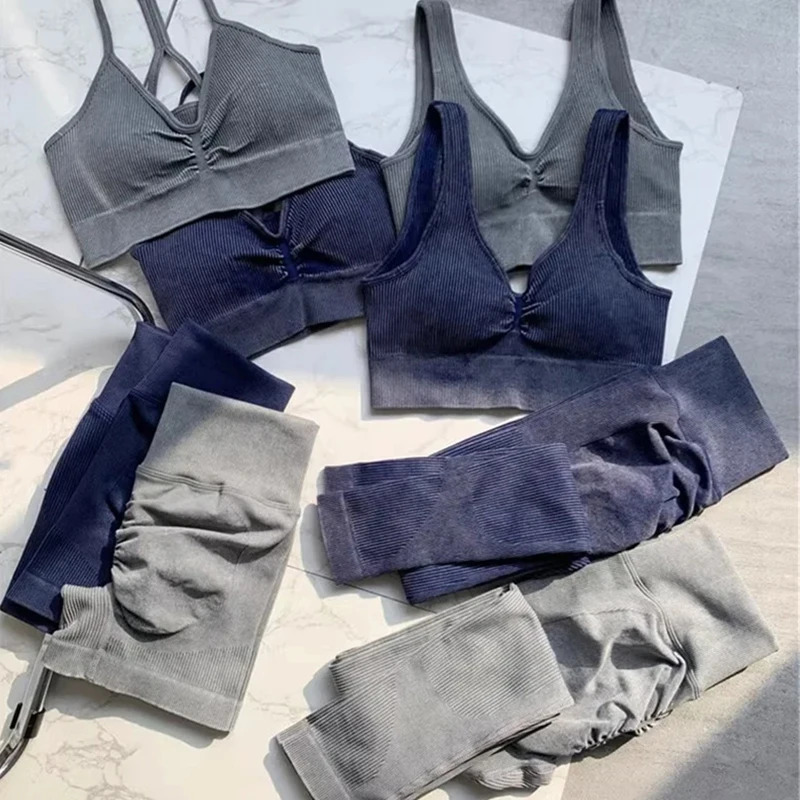 SVEIC Fitness Seamless Yoga Set Ribbed Sport Bra Washing Knitting Top Sportswear Leggings Workout Suit Gym Women Outfit Clothing 241010