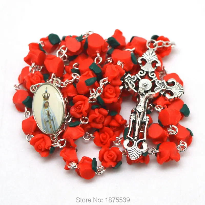 100th Anniversary Fatima Rose Pink Polymer Bead Rose Necklace 241018