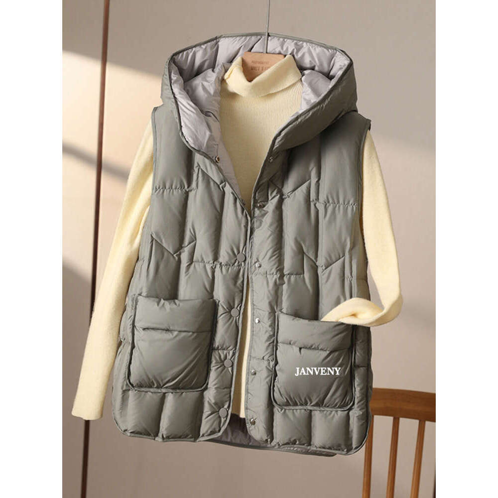 Janveny 2024 New Fashion Hooded Down Sleeveless Vest Women Lightweight Seamless White Duck Feather Puffer Short Waistcoat