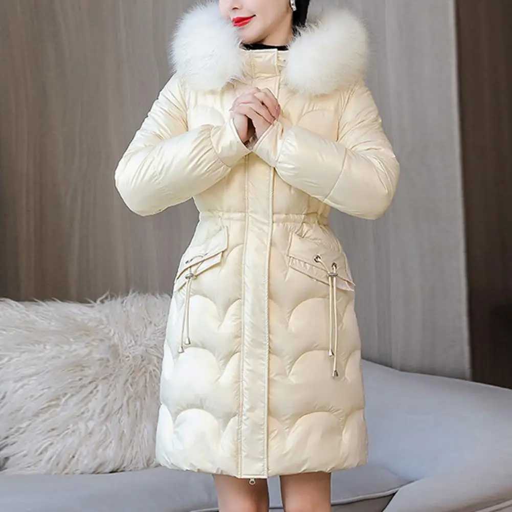 Women Winter Cotton Coat Thickened Padded Faux Fur Hood Winter Outerwear Smooth Slim Fit Windproof Mid Length Hooded Down CoatX241019