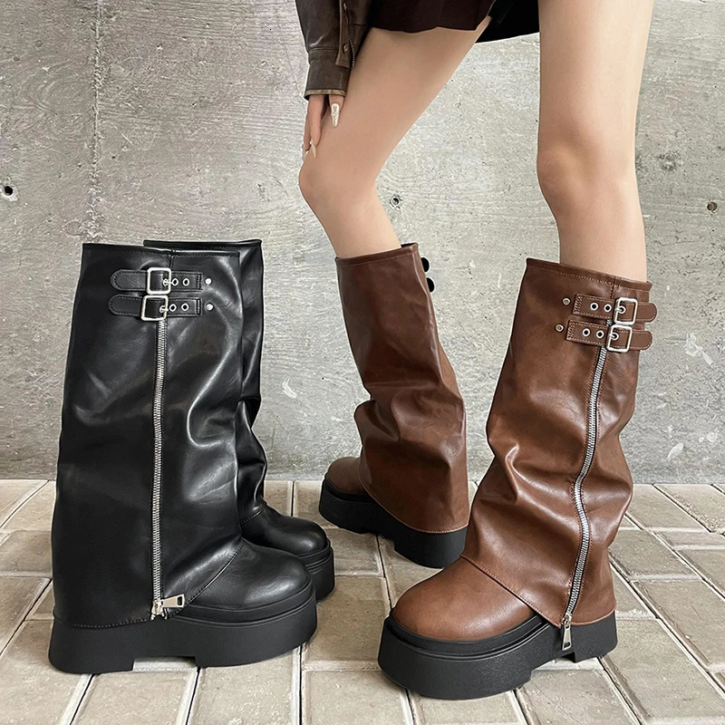Retro platform flat bottomed womens knee high boots fashionable buckle shoes autumn womens knight boots 241018