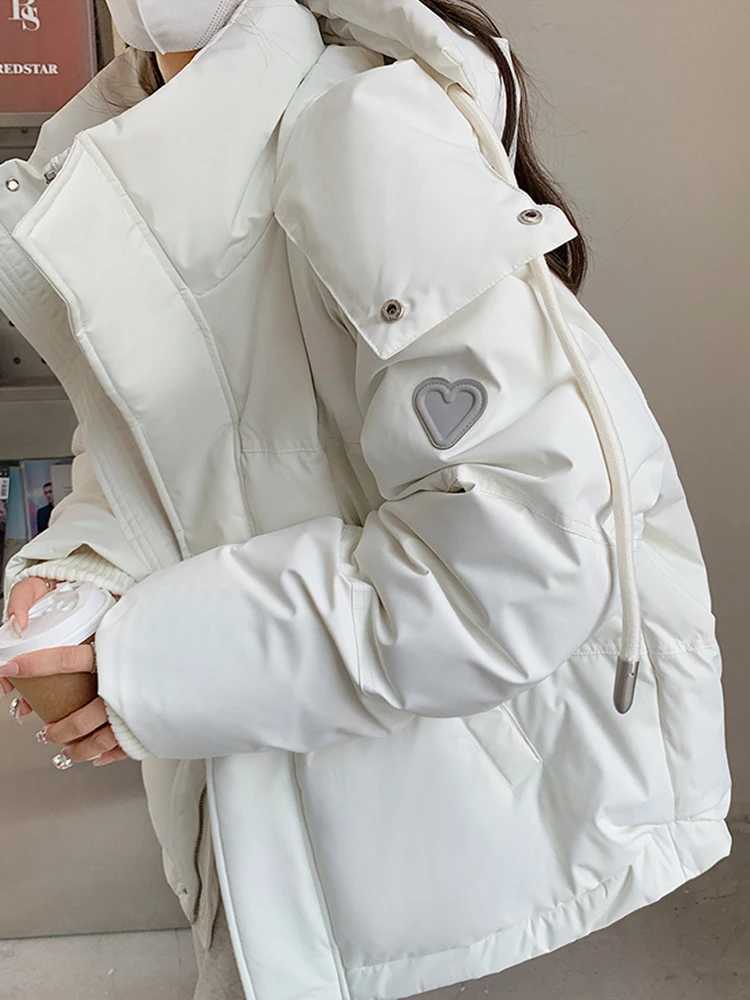 Zoki Love Print Cute Parkas Women Sweet Thick Warm Winter Puffy Coats Korean Casual Long Sleeve Loose Fashion Down Cotton JacketX241019