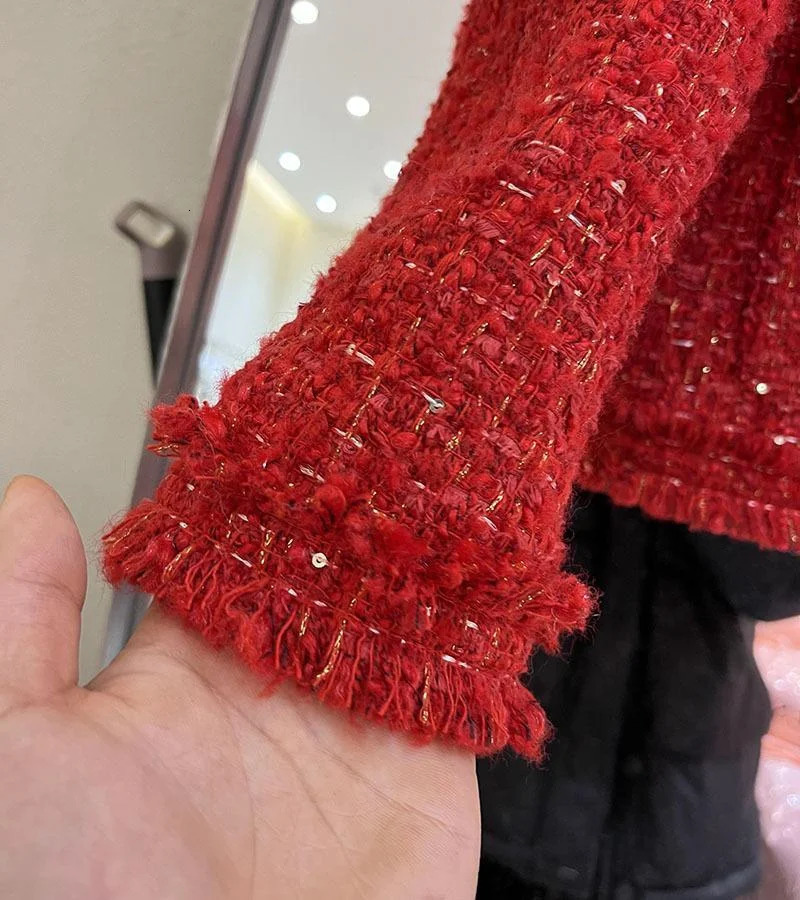 Red Cropped Tweed Coat Women Korean Fashion Long Sleeve Autumn Winter Jacket Single Breasted Down Cotton Lined Warm Lady Outwear 241019