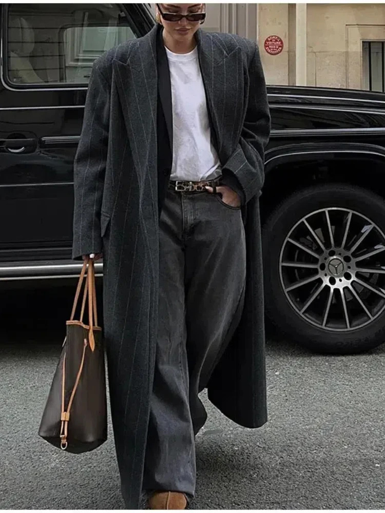 Retro striped lapel wool long coat for womens casual loose dark gray oversized coat for womens winter elegant and chic coat 241019