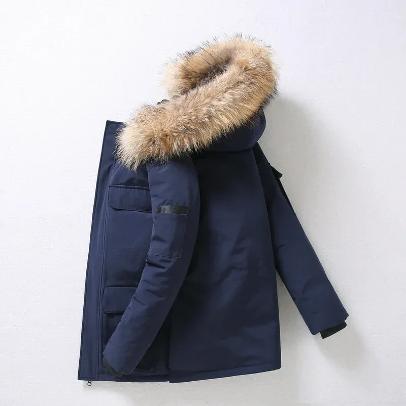 Mens Winter Down Jacket Fashionable Detachable Large Fur Collar Hooded White Duck Down Coat Womens Ski Multi Pocket Lightweight Park 241018