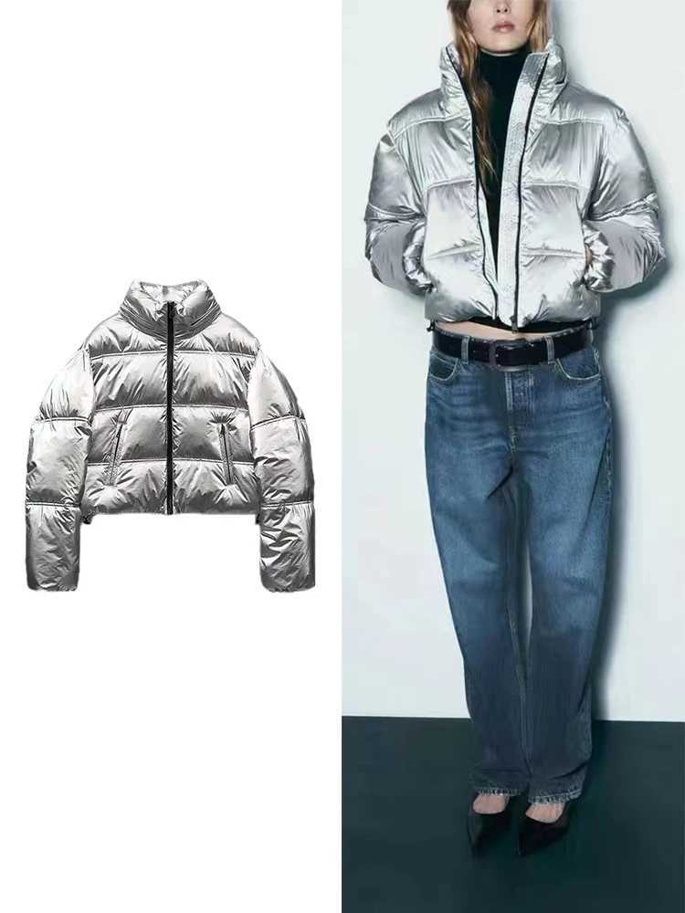 Women's Down Parkas TRAFZA Womens Warm Bread Jacket Zipper Metal Short Jacket Thick Windproof and Rainproof Warm Jacket Y2410196KQ4