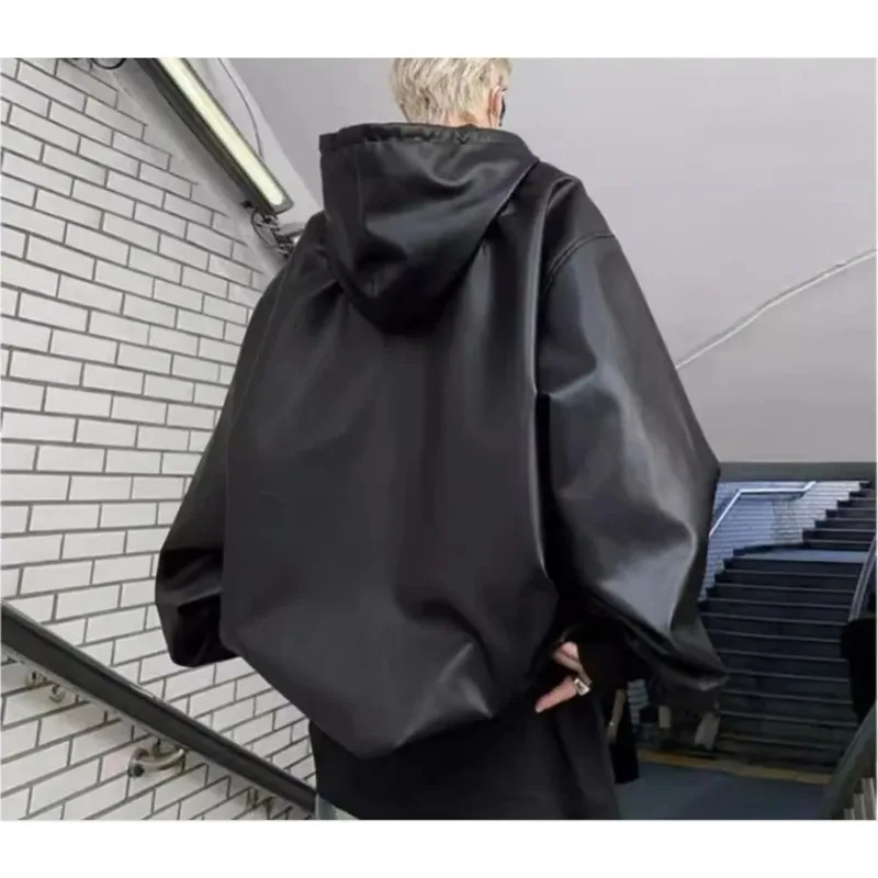 Black Pu Leather Hoodie for Men Spring and Fall Hooded High Street Loose Casual Tshirt Hip Hop Fashion 241019