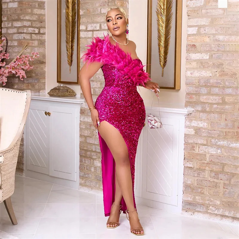 Autumn Winter Womens One Shoulder Elegant Long Party Dress Feather High Splitting sequin Sparkling Sexy Dress Birthday Dress 241017