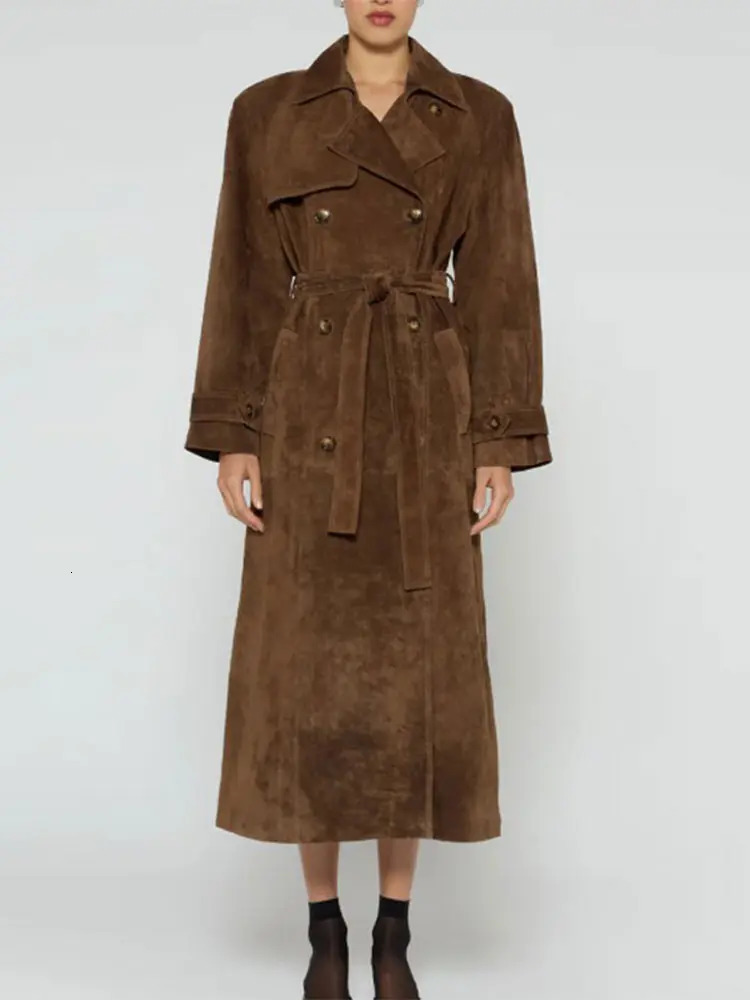 Elegant suede long windproof jacket for women fashionable lapel double button oversized jacket autumn womens jacket 241019