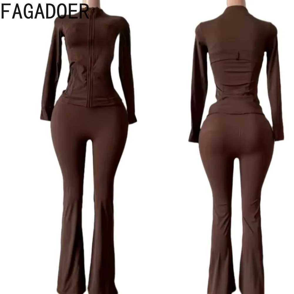 Women's Two Piece Pants FAGADOER Casual Solid 2 Piece Set Outfit Women Long Slves Jacket and High Waist Flare Pants Sports Suits Autumn Winter Ne