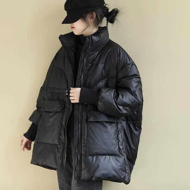 2023 New Women Down Jacket Winter Coat Female Mid-length Loose Parkas Stand Collar Versatile Outwear Big Pocket OvercoatX241019