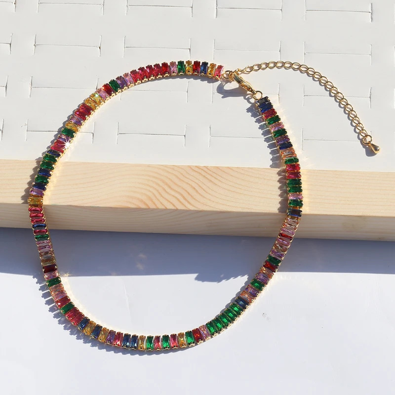 Wide CZ Tennis Necklace Womens Luxury Ice Out Rainbow Cube Zirconia Gold Crystal Chain Womens Jewelry Necklace 241018
