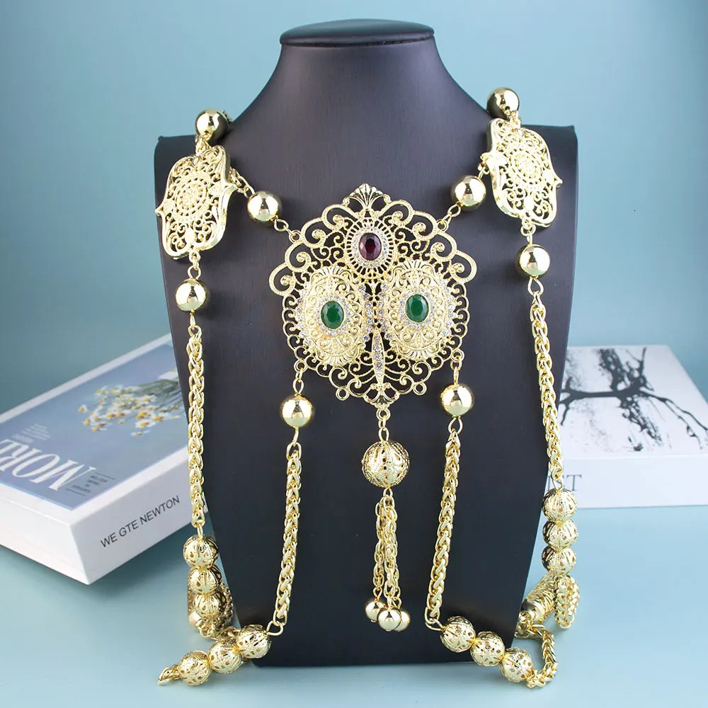 Fashionable Algerian women shoulder chain Moroccan bride body jewelry gold Arabic wedding jewelry long necklace 241018