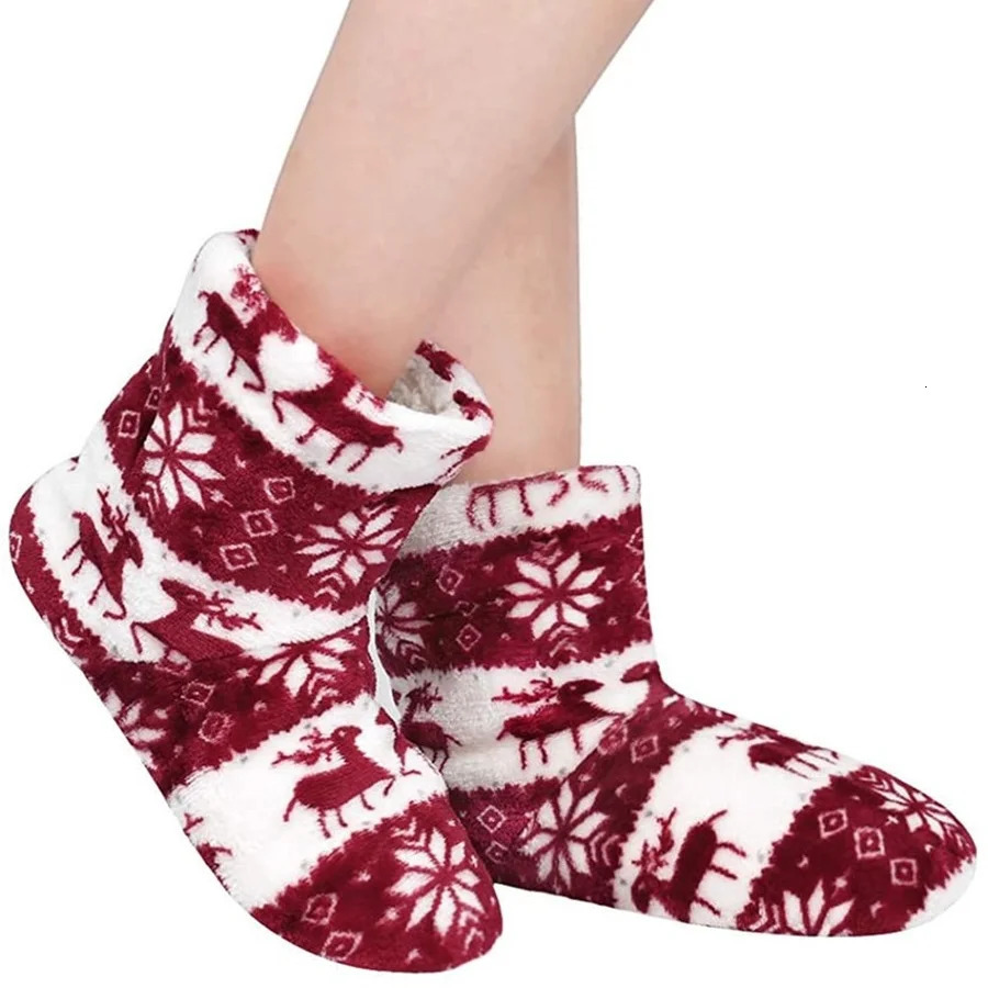 House Fluffy and Smooth Womens Winter Christmas Elk Fur Contton Warm Plush Non slip Indoor Flat Fog Womens Shoes Family Boots 2024 241018