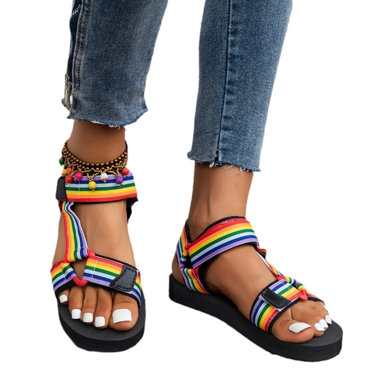 Oversized Women S Printed Flat Spring Summer New Thin Soled Ethnic Style Velcro Beach Sandals Ddmywed Ddmysaturn